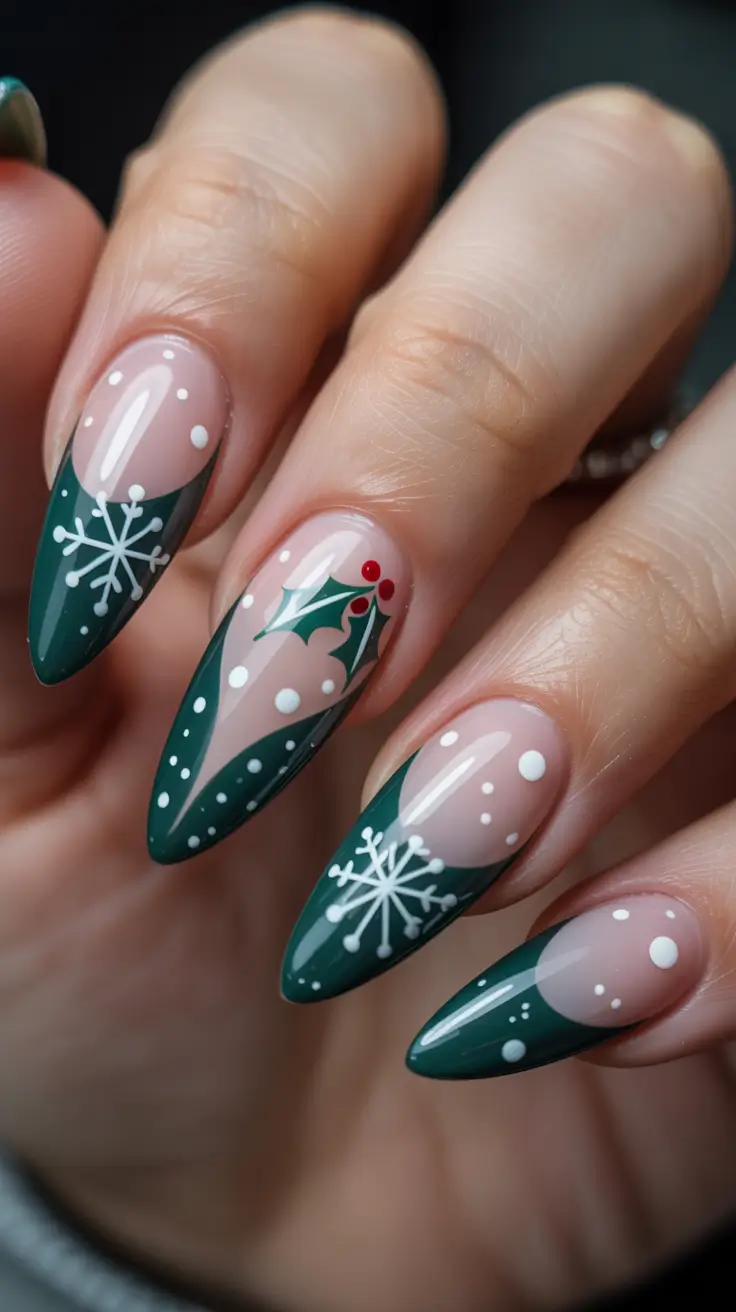 Cute Green Christmas Nails 2025 Winter Berries and Snowfall Tips