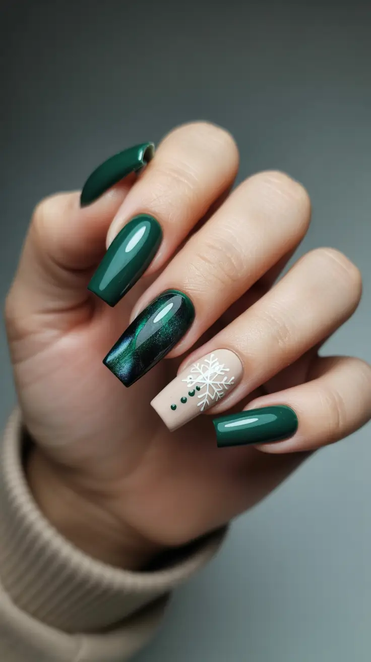 Cute Green Christmas Nails 2025 Dark Green Glamour