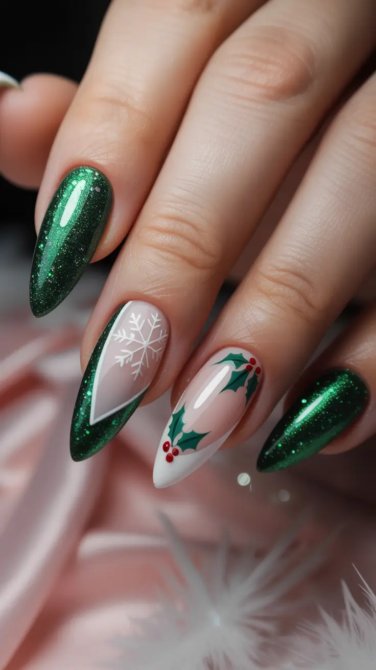 Cute Green Christmas Nails 2025 Holly Leaf Charm