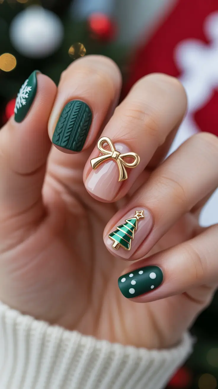 Cute Green Christmas Nails 2025 Golden Festive Touch