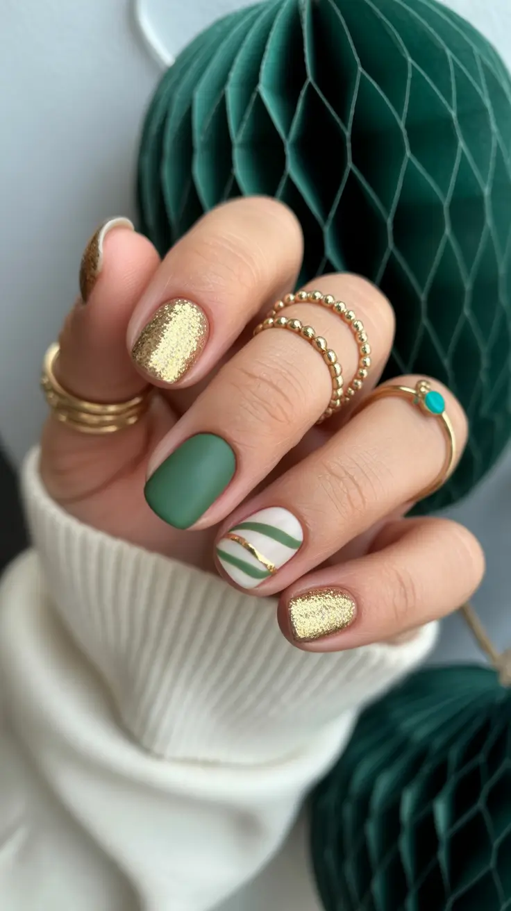 Cute Green Christmas Nails 2025 Matte Green and Golden Sparkle Harmony