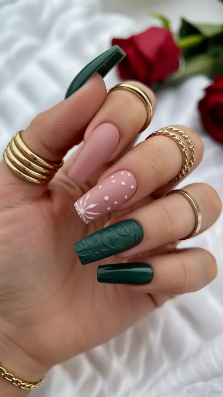 Cute Green Christmas Nails 2025 Velvet Green Romance
