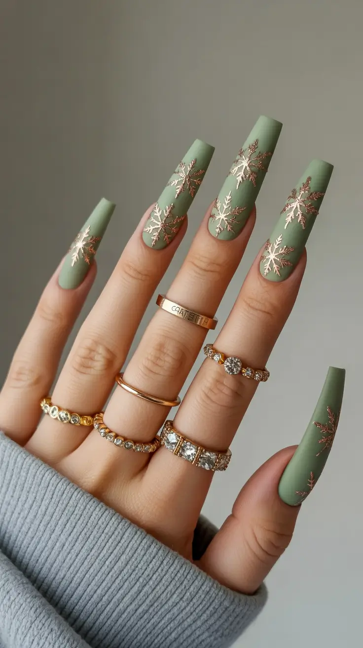 Cute Green Christmas Nails 2025 Golden Sage Elegance