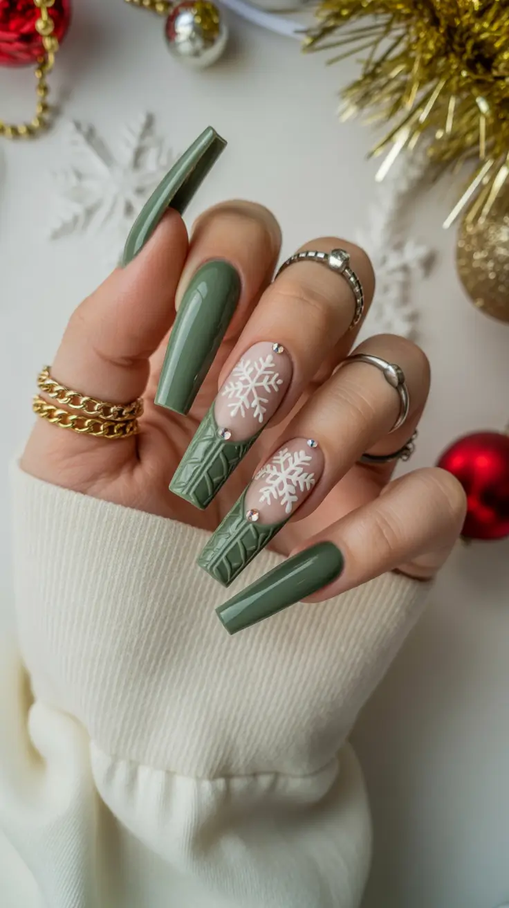 Cute Green Christmas Nails 2025 Forest Sweater Dreams