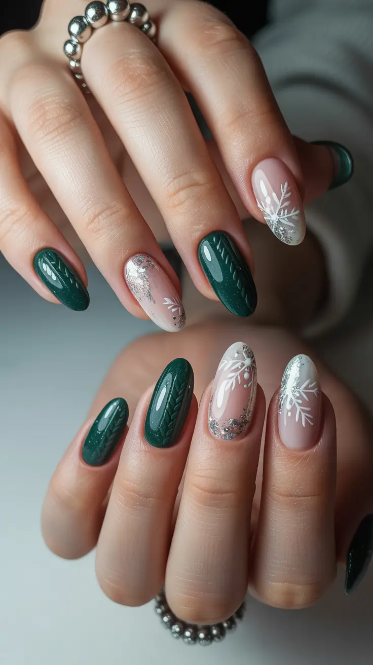 Cute Green Christmas Nails 2025 Snowflake Elegance on Pine Green