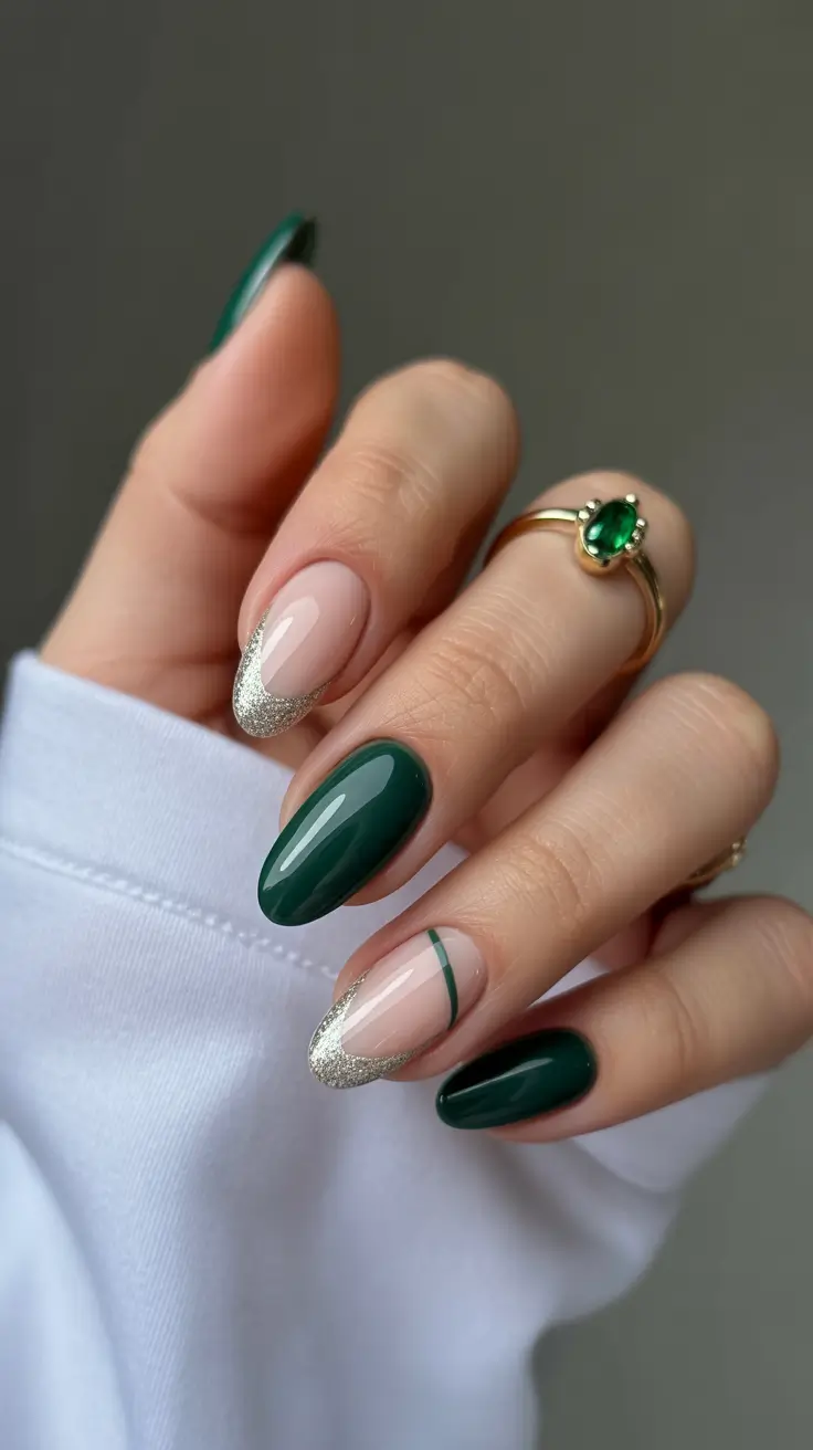 Cute Green Christmas Nails 2025 Chic Minimalism in Emerald and Champagne
