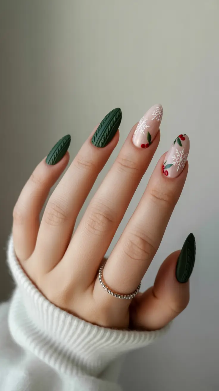 Cute Green Christmas Nails 2025 Cozy Sweater Green with Holly Accents