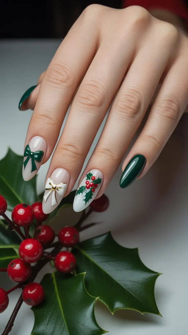 Cute Green Christmas Nails 2025 Holiday Bows and Holly Charm