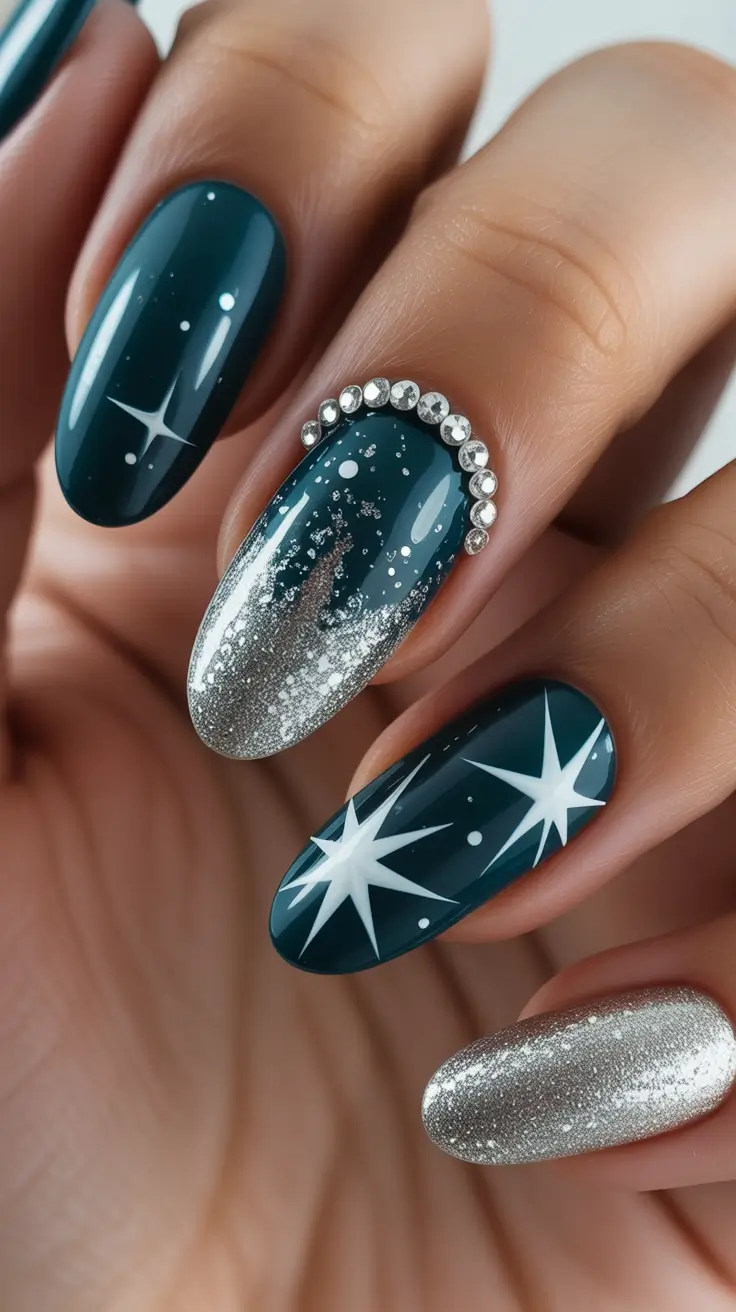 Cute Green Christmas Nails 2025 Midnight Sparkle and Silver Stars