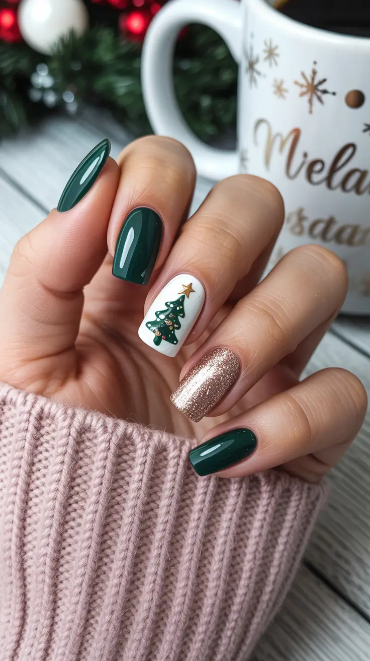 Cute Green Christmas Nails 2025 Classic Christmas Tree Delight