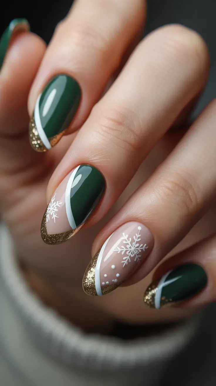 Cute Green Christmas Nails 2025 Golden French Twist with Snowflake Accents