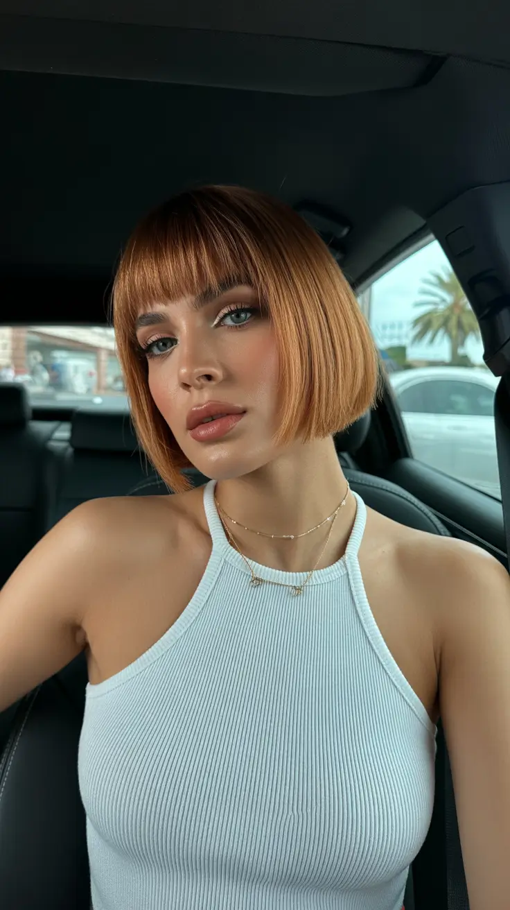 cute winter haircuts 2025-2026 Short Copper Bob with Micro Bangs