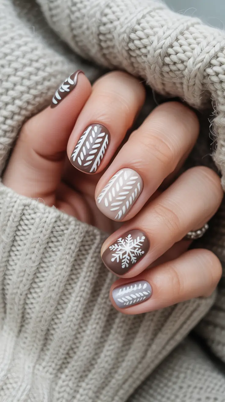 Cute Sweater Nails Winter 2025–2026 Chocolate Knits and Frosty Snowflakes