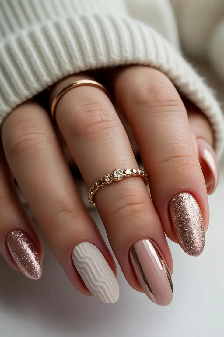 Cute Sweater Nails Winter 2025–2026 Rose Gold Sparkle and Knit Neutrals