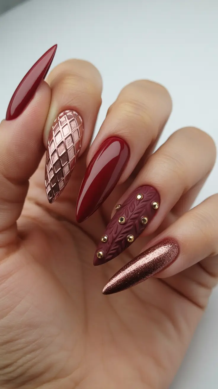 Cute Sweater Nails Winter 2025–2026 Deep Burgundy and Metallic Warmth