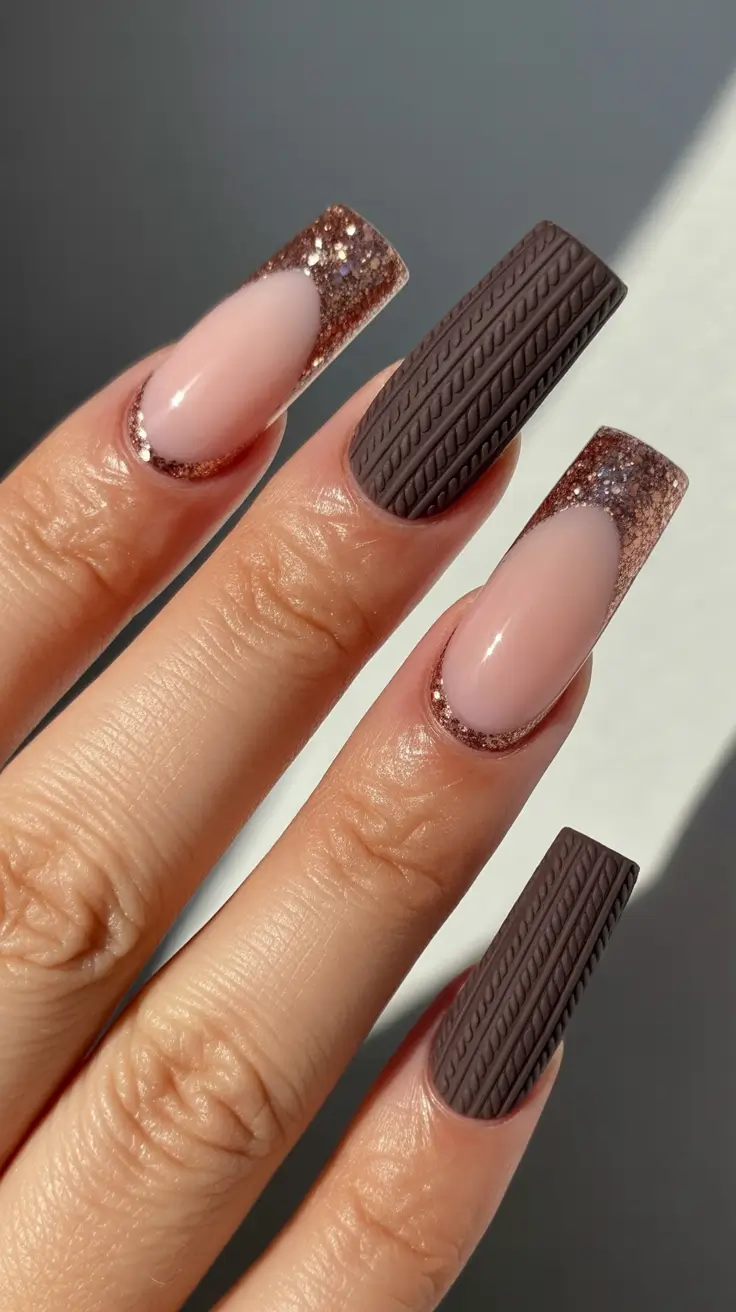Cute Sweater Nails Winter 2025–2026 Mocha Knits and Glittered Tips