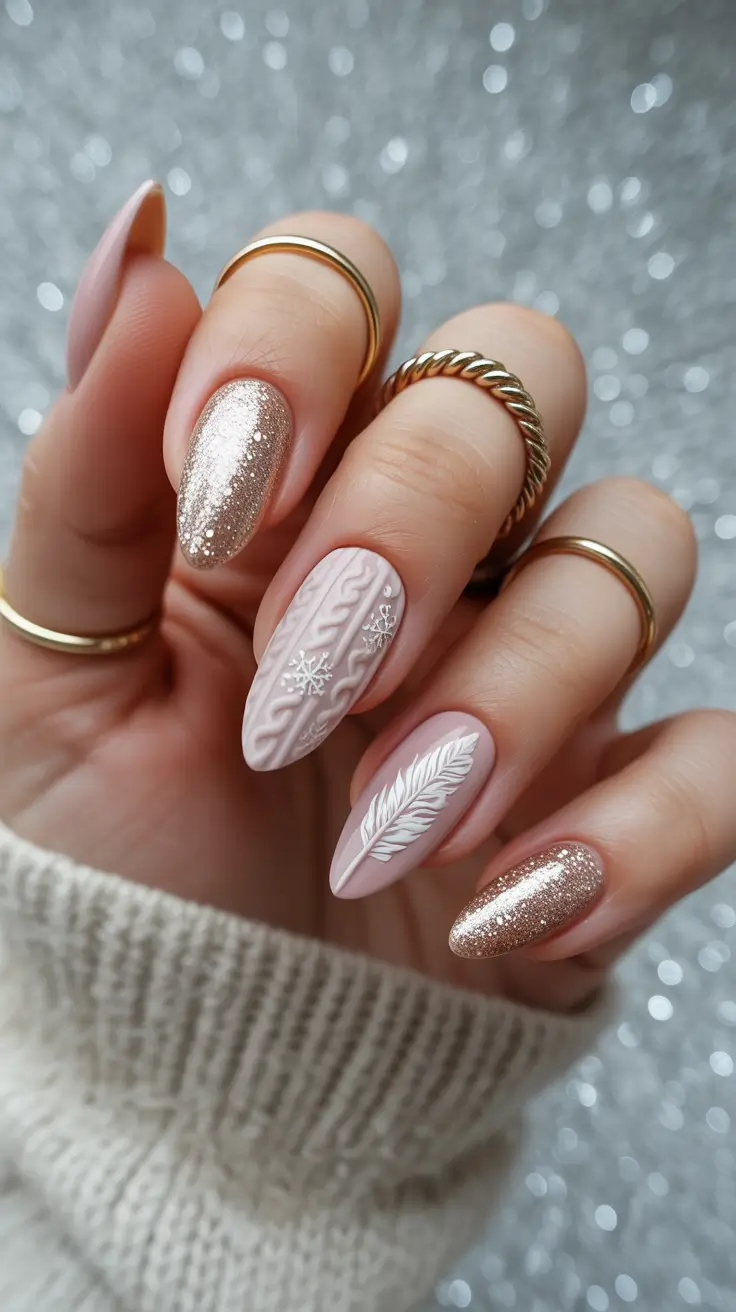 Cute Sweater Nails Winter 2025–2026 Champagne Knit Sparkle