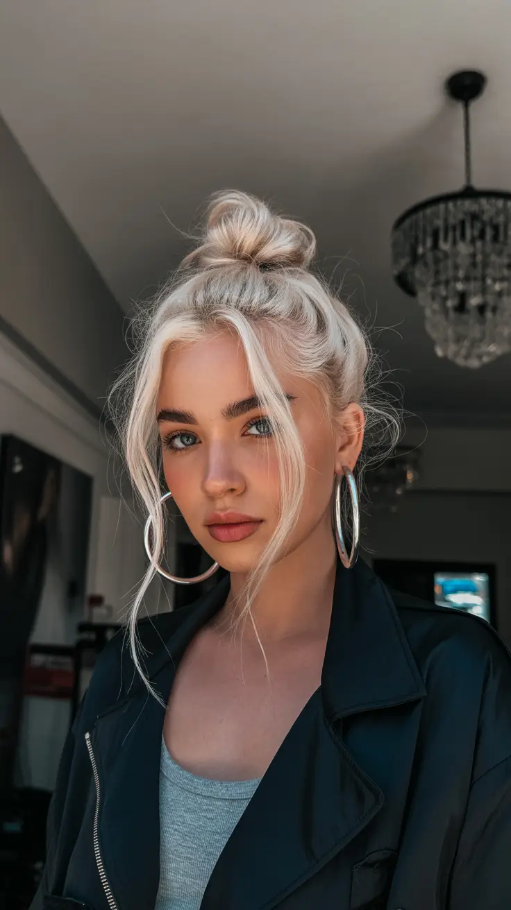 cute winter hairstyles 2025-2026 Messy Top Knot with Face Frames