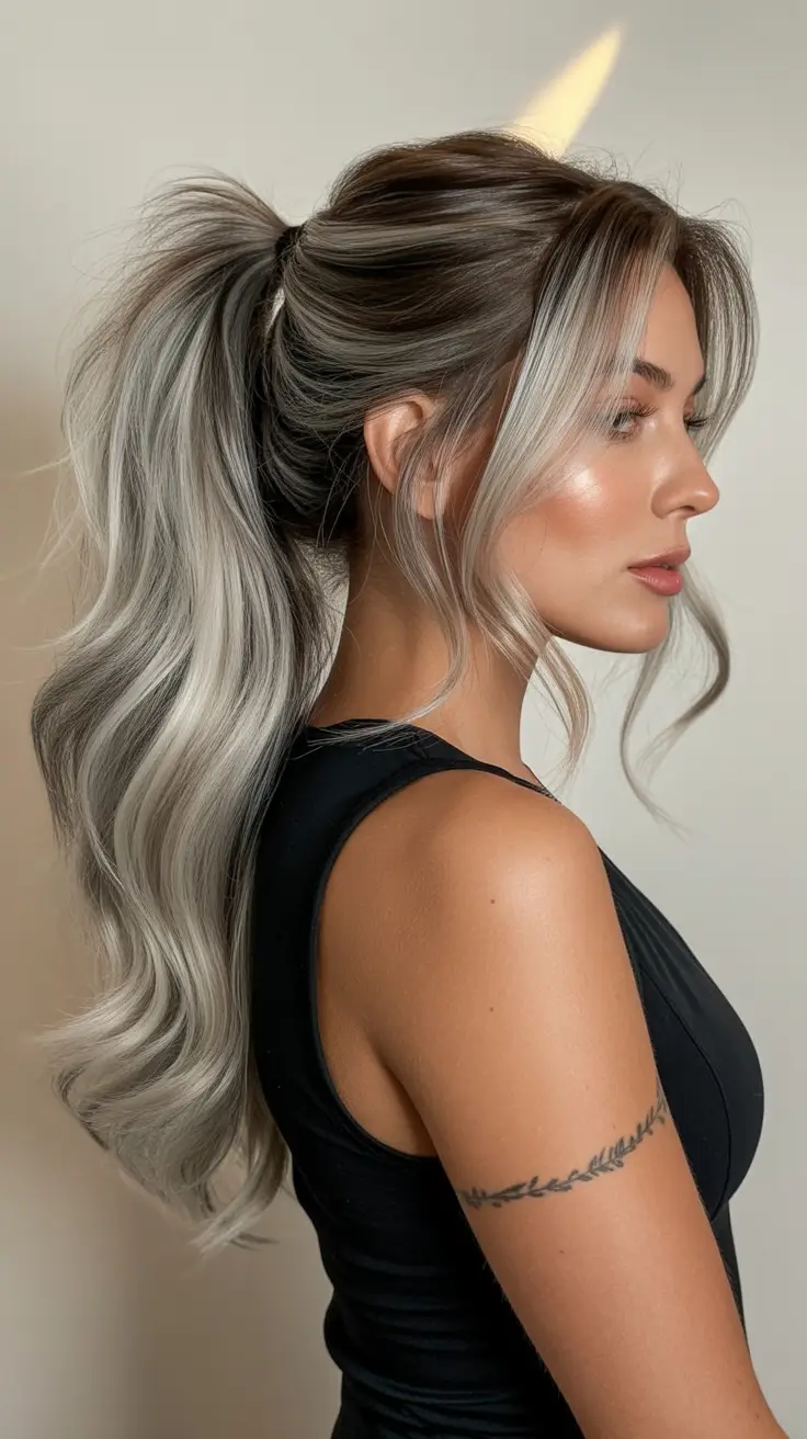 cute winter hairstyles 2025-2026 Silver Frost Ponytail