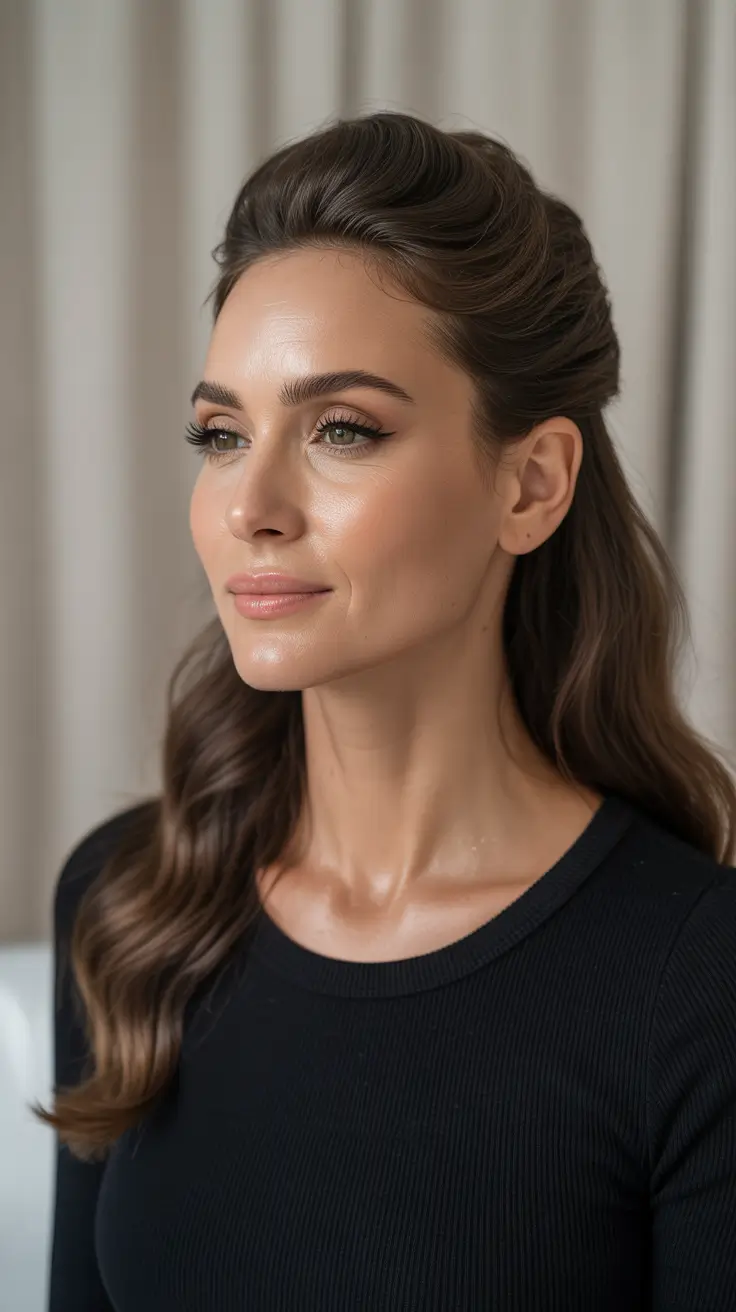 cute winter hairstyles 2025-2026 Soft Retro Half-Up Waves