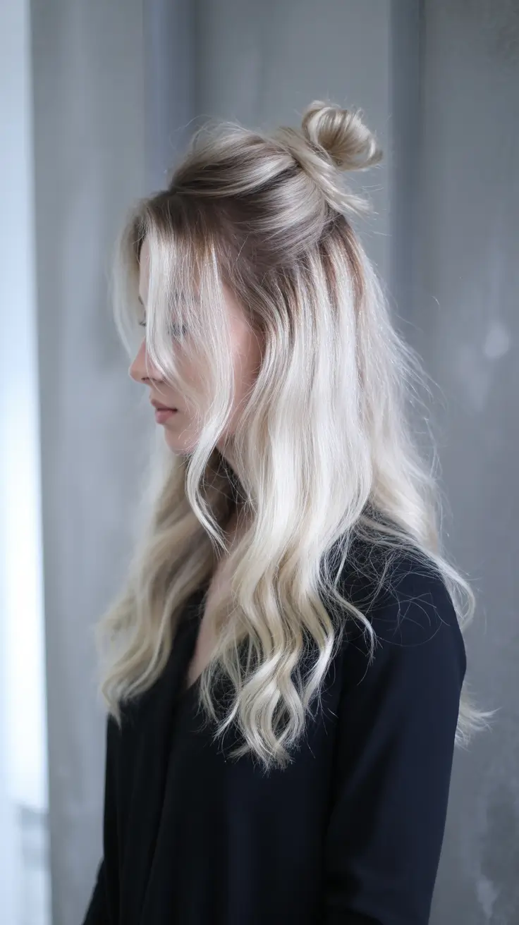 cute winter hairstyles 2025-2026 Half-Up Top Knot Waves