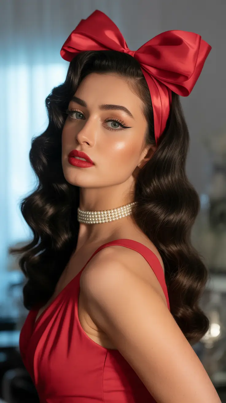cute winter hairstyles 2025-2026 Vintage Glamour with a Satin Bow