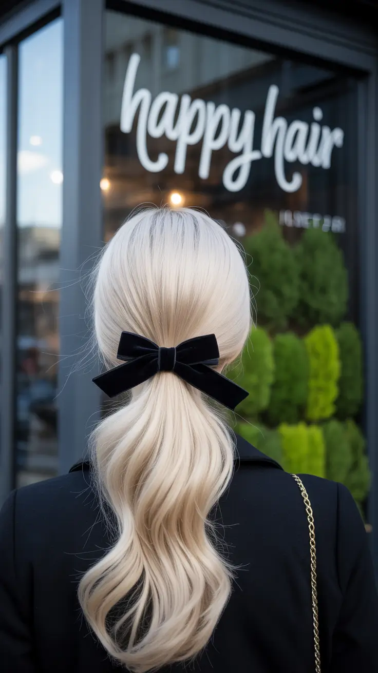 cute winter hairstyles 2025-2026 Soft Blonde Ribbon Ponytail