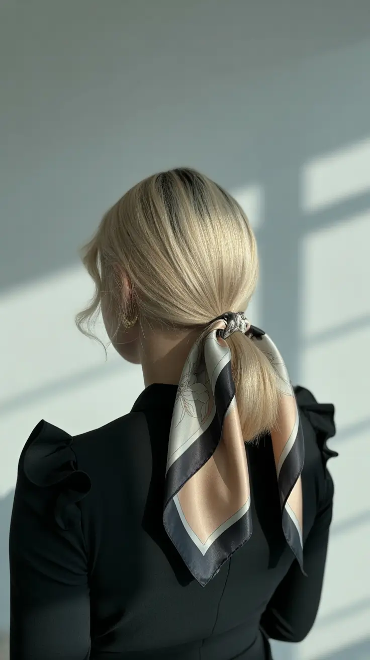cute winter hairstyles 2025-2026 Low Pony with Silk Scarf