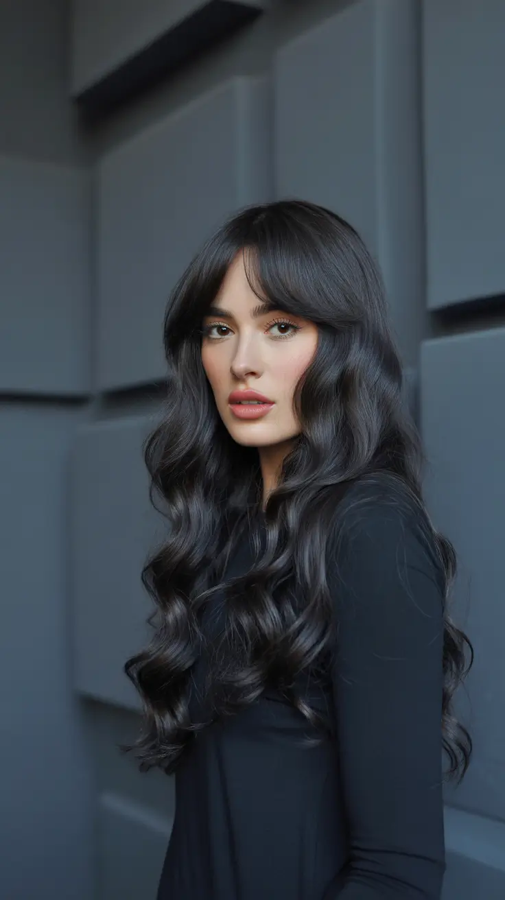 Dark Winter Hair Color 2025-2026 Deep Black Waves with Curtain Bangs
