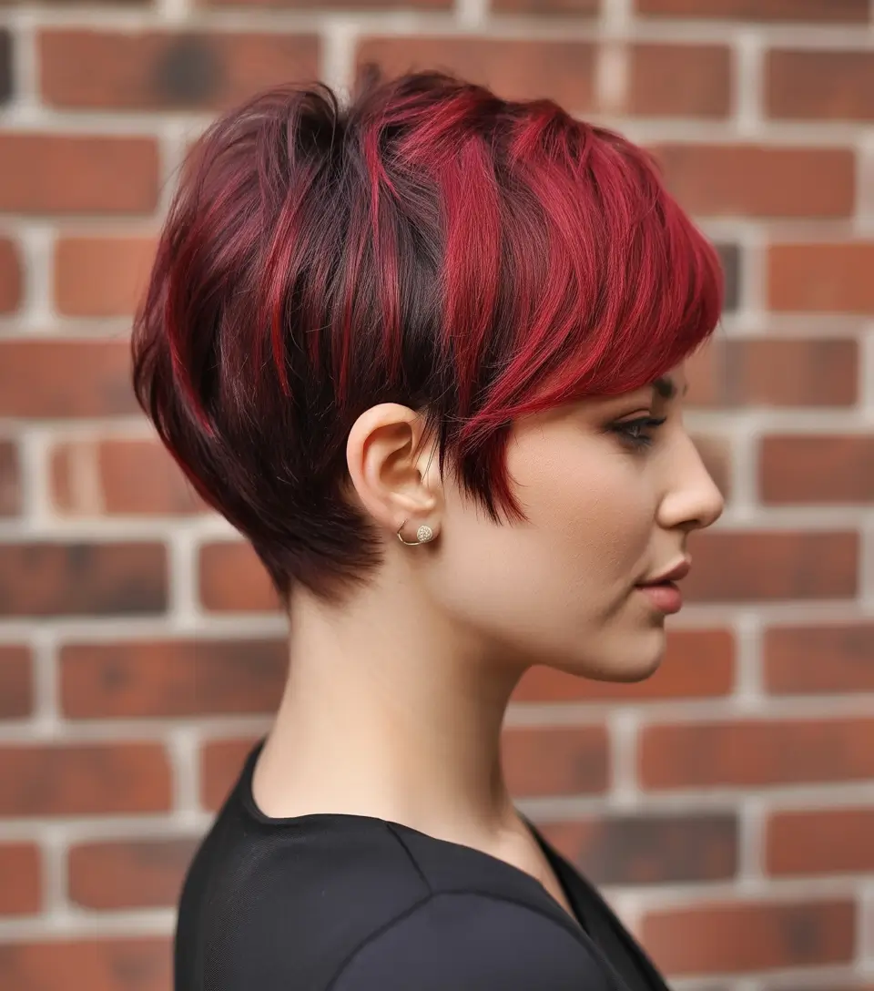 Dark Winter Hair Color 2025-2026 Edgy Pixie with Red Streaks
