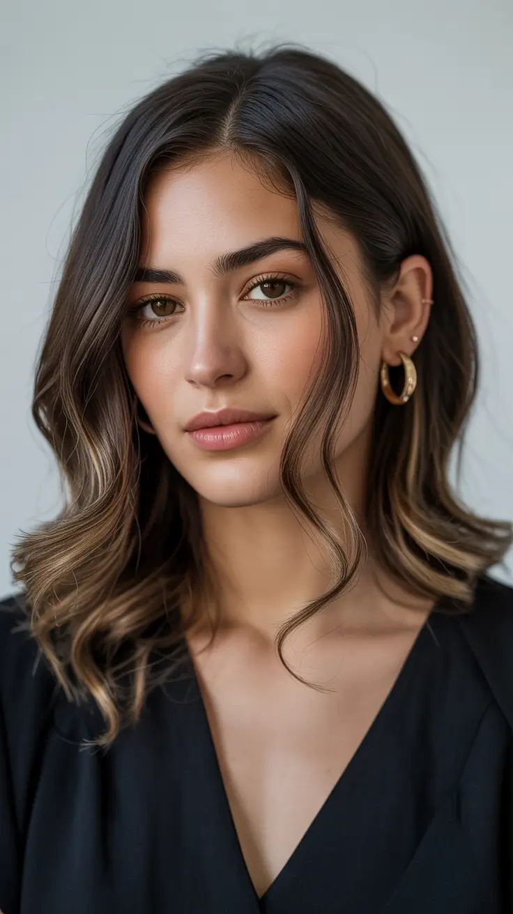 Dark Winter Hair Color 2025-2026 Subtle Balayage with Face-Framing Waves