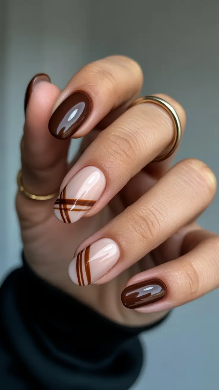 Dark Winter Nail Colors Ideas 2025-2026 Caramel Plaid Chic