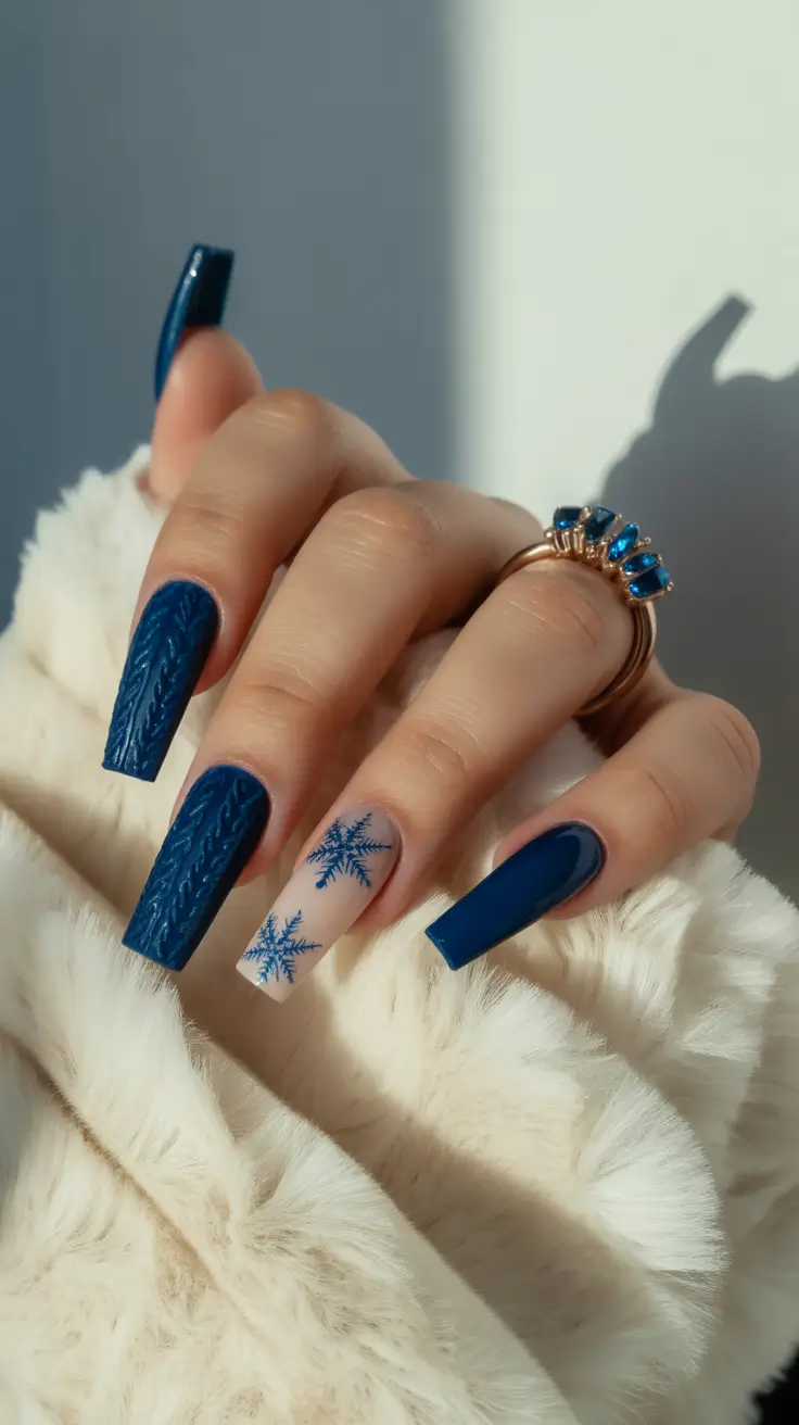 Dark Winter Nail Colors Ideas 2025-2026 Nordic Knit Blue