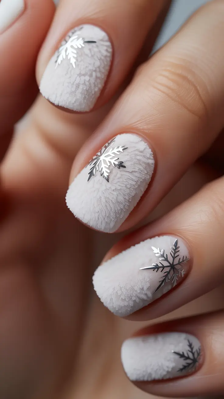 Dip Winter Nail Ideas 2025-2026 Frosted Whisper White Snowflake Dip Nails