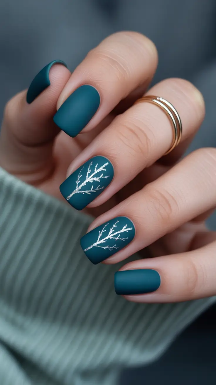 Dip Winter Nail Ideas 2025-2026 Winter Branches Teal Dip Nails with Silver Accents