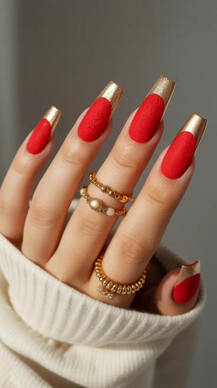 Dip Winter Nail Ideas 2025-2026 Golden Ember Red and Gold Dip Nails