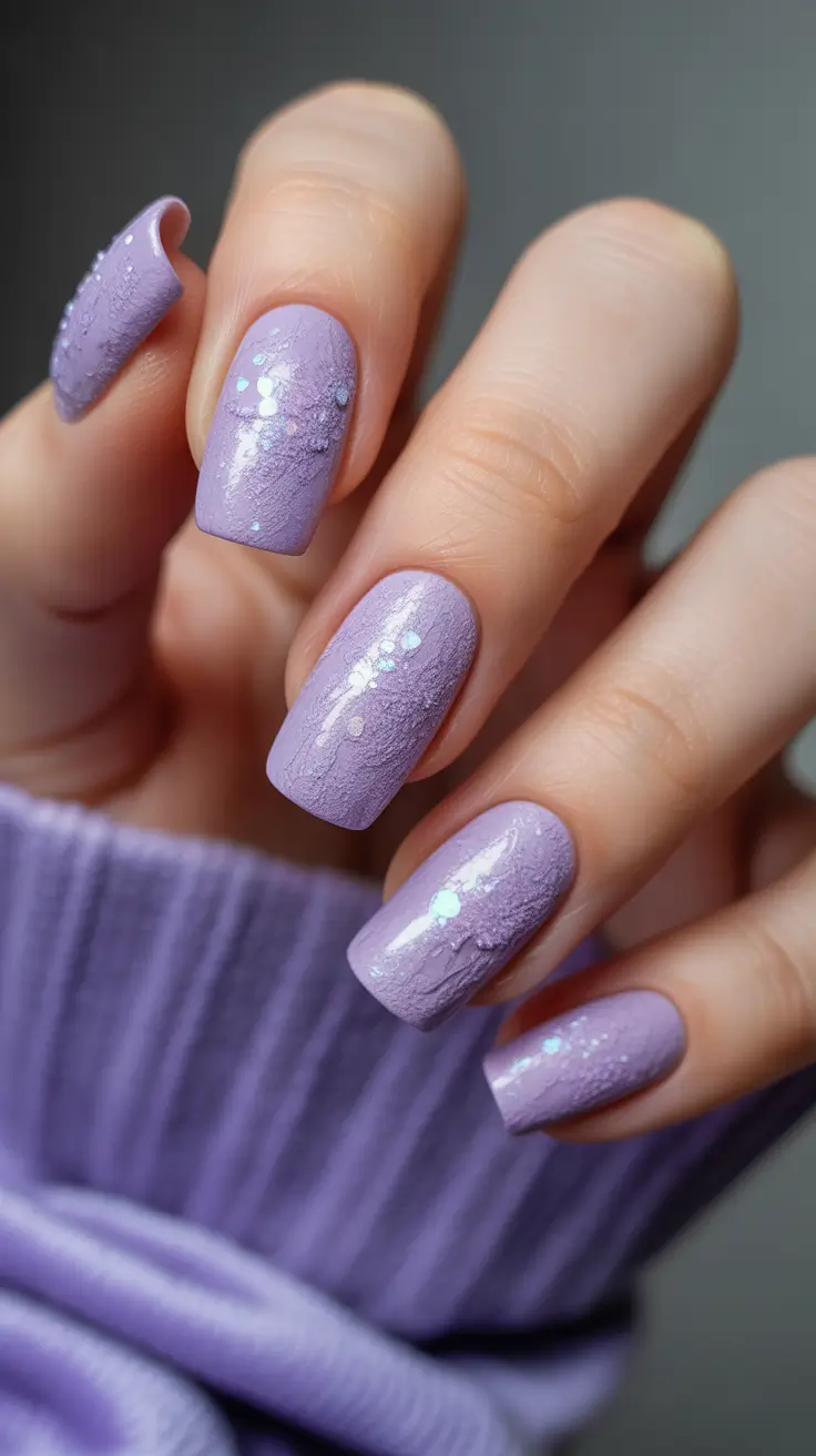 Dip Winter Nail Ideas 2025-2026 Frosted Lavender Lilac Glitter Dip Nails
