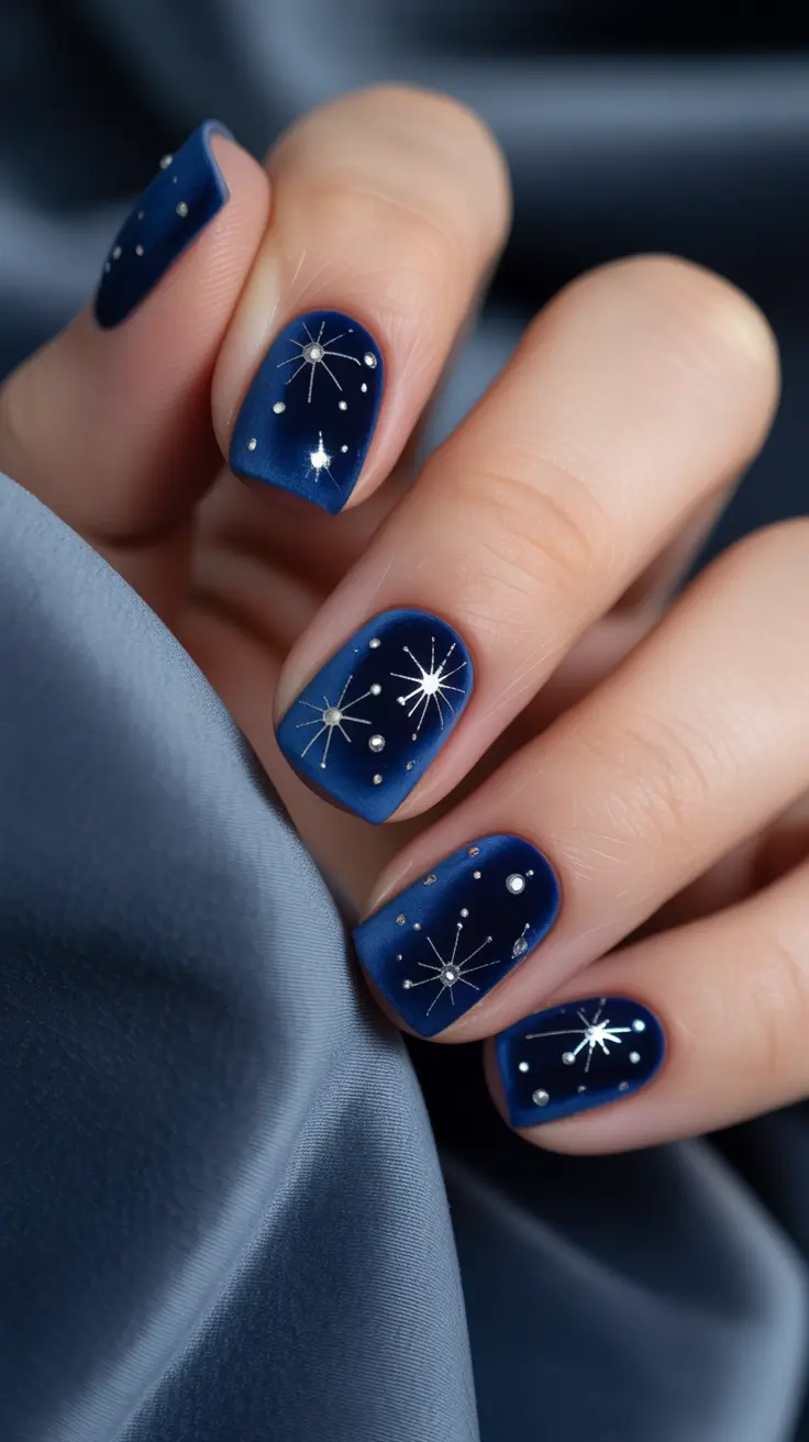 Dip Winter Nail Ideas 2025-2026 Midnight Galaxy Blue Constellation Dip Nails