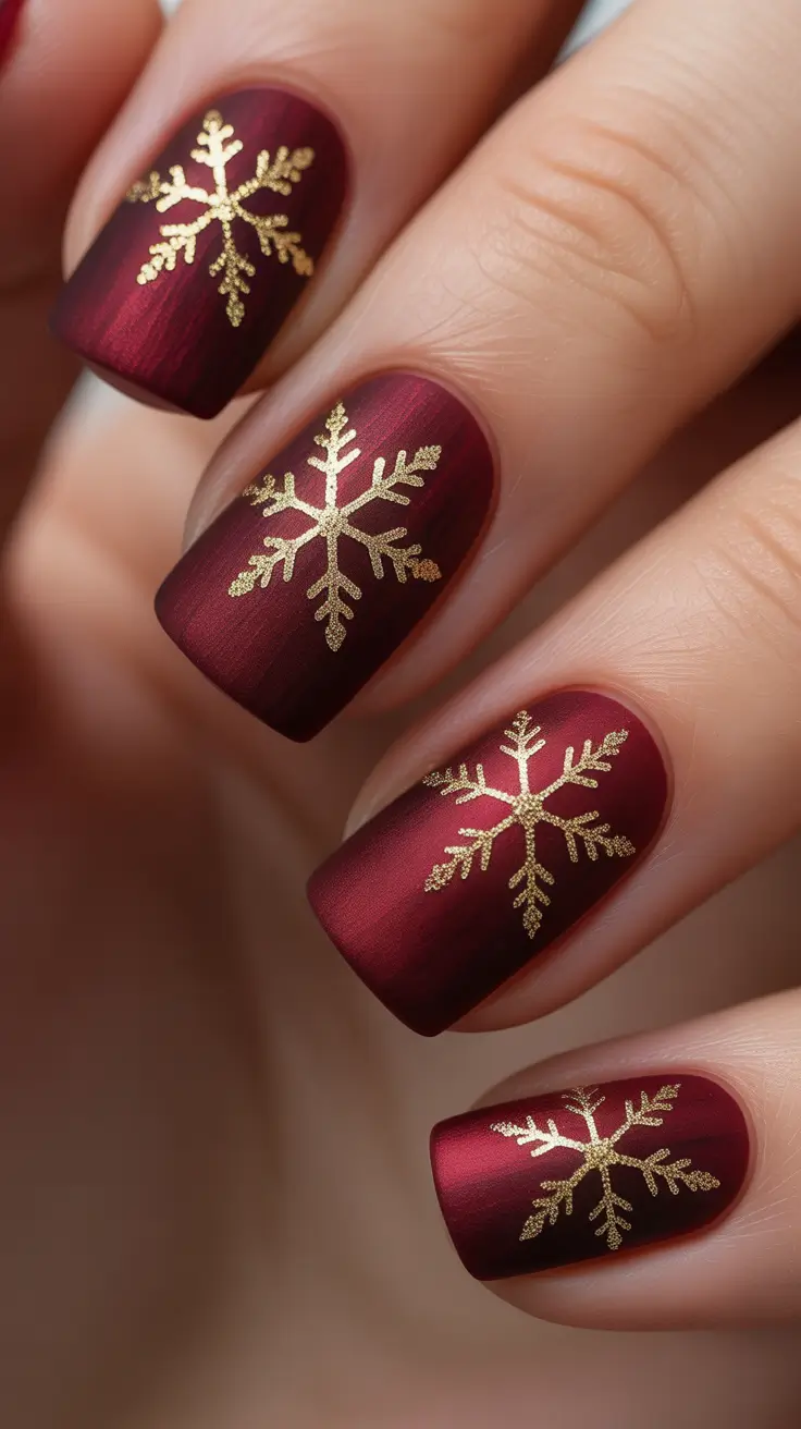 Dip Winter Nail Ideas 2025-2026 Cranberry Luxe Red and Gold Snowflake Dip Nails