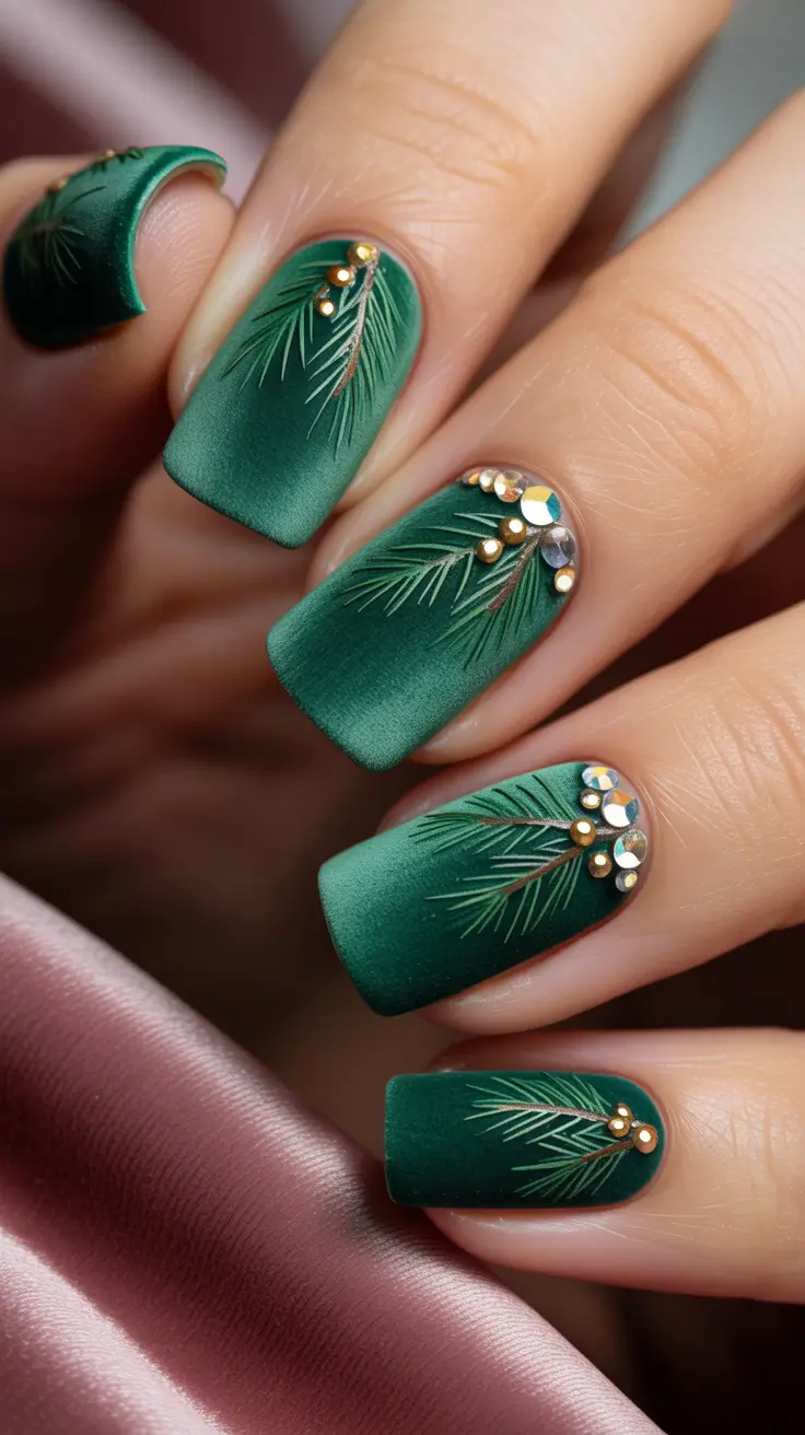 Dip Winter Nail Ideas 2025-2026 Evergreen Sparkle Emerald Dip Nails with Gem Accents