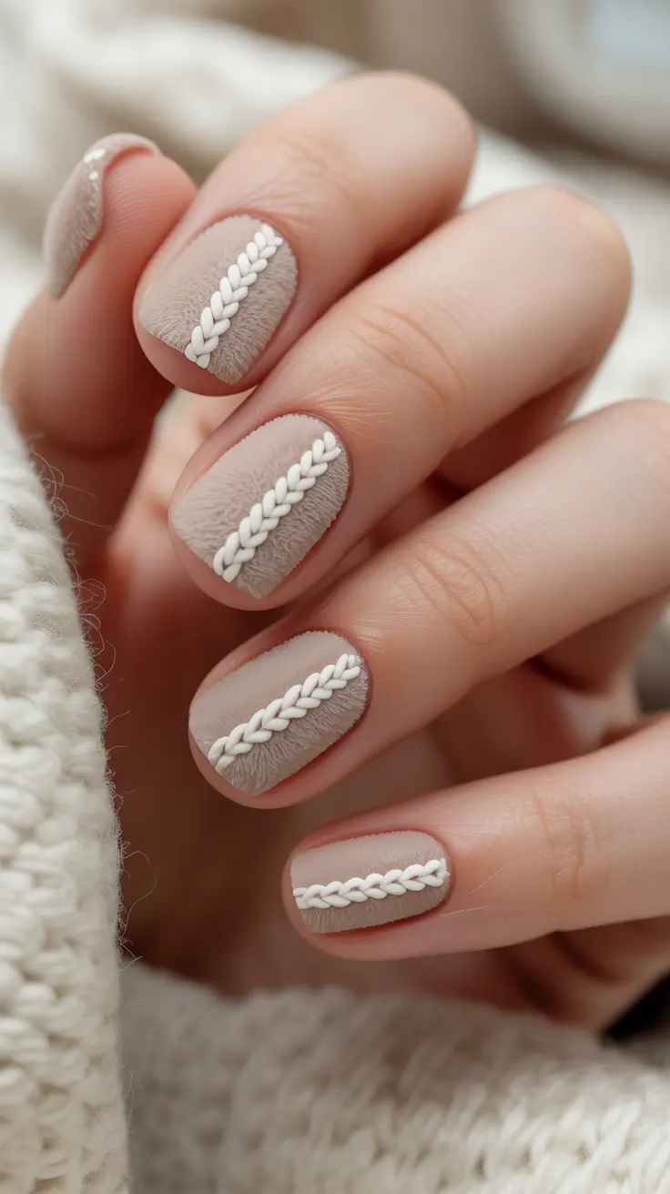 Dip Winter Nail Ideas 2025-2026 Cozy Knits Taupe and Cream Dip Nails
