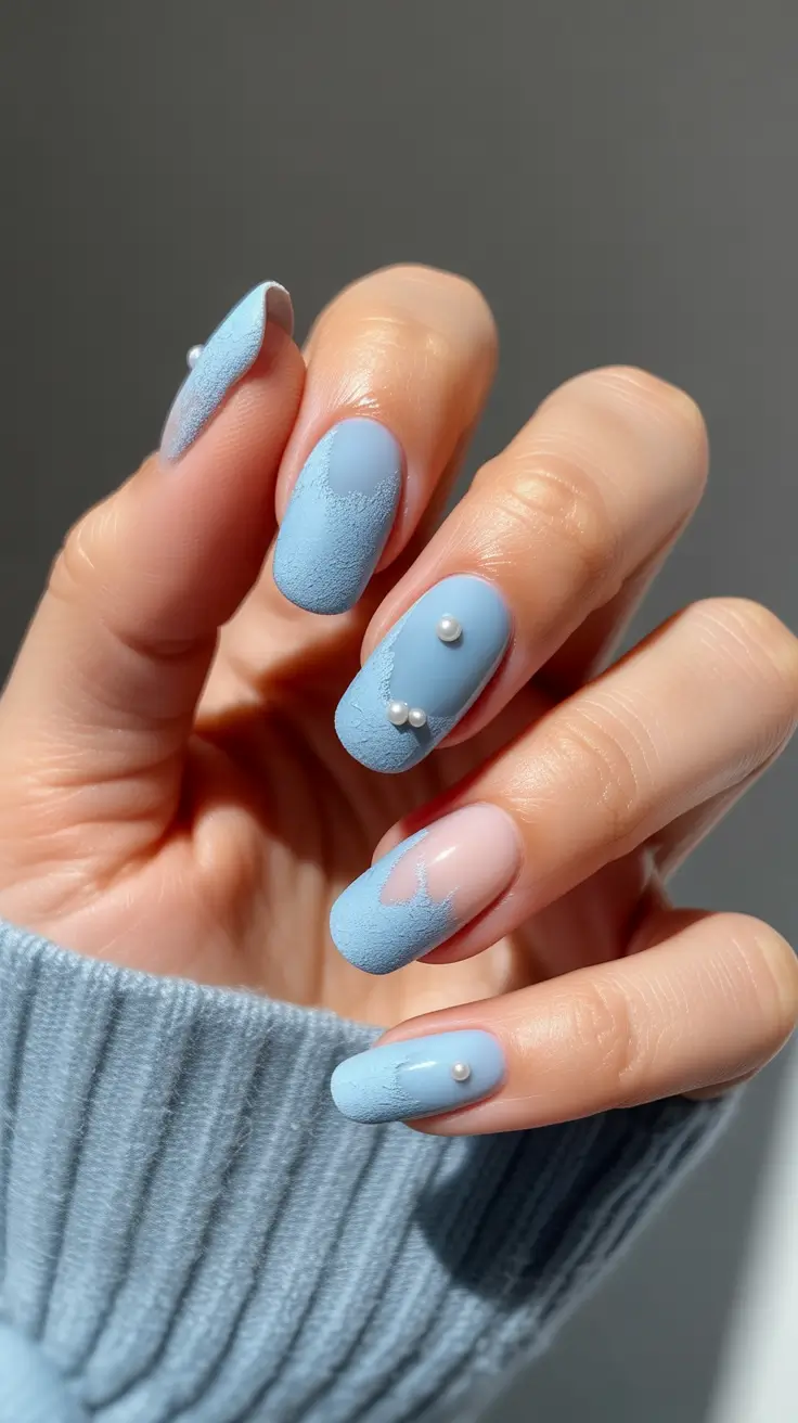 Dip Winter Nail Ideas 2025-2026 Frosted Sky Powder Blue Dip Nails with Pearls