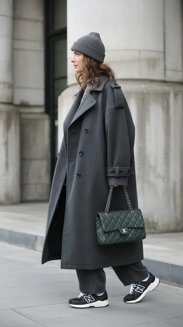 cozy winter outfits 2025-2026 Oversized Charcoal Layers with Sporty Vibes