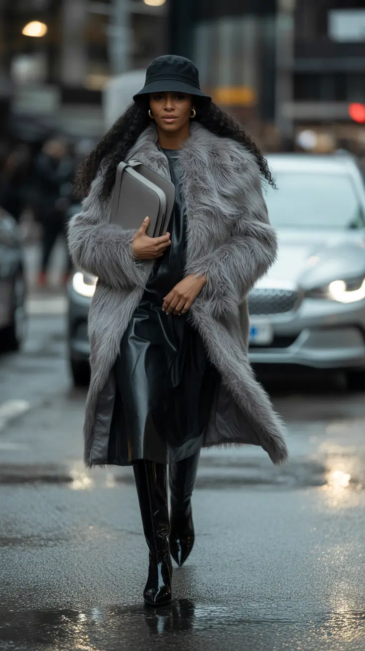 cozy winter outfits 2025-2026 City Chic with Faux Fur Drama