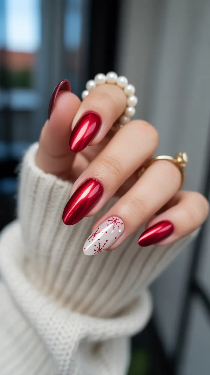 Fresh Christmas Nails 2025 Crimson Chrome and Snowflake Spark