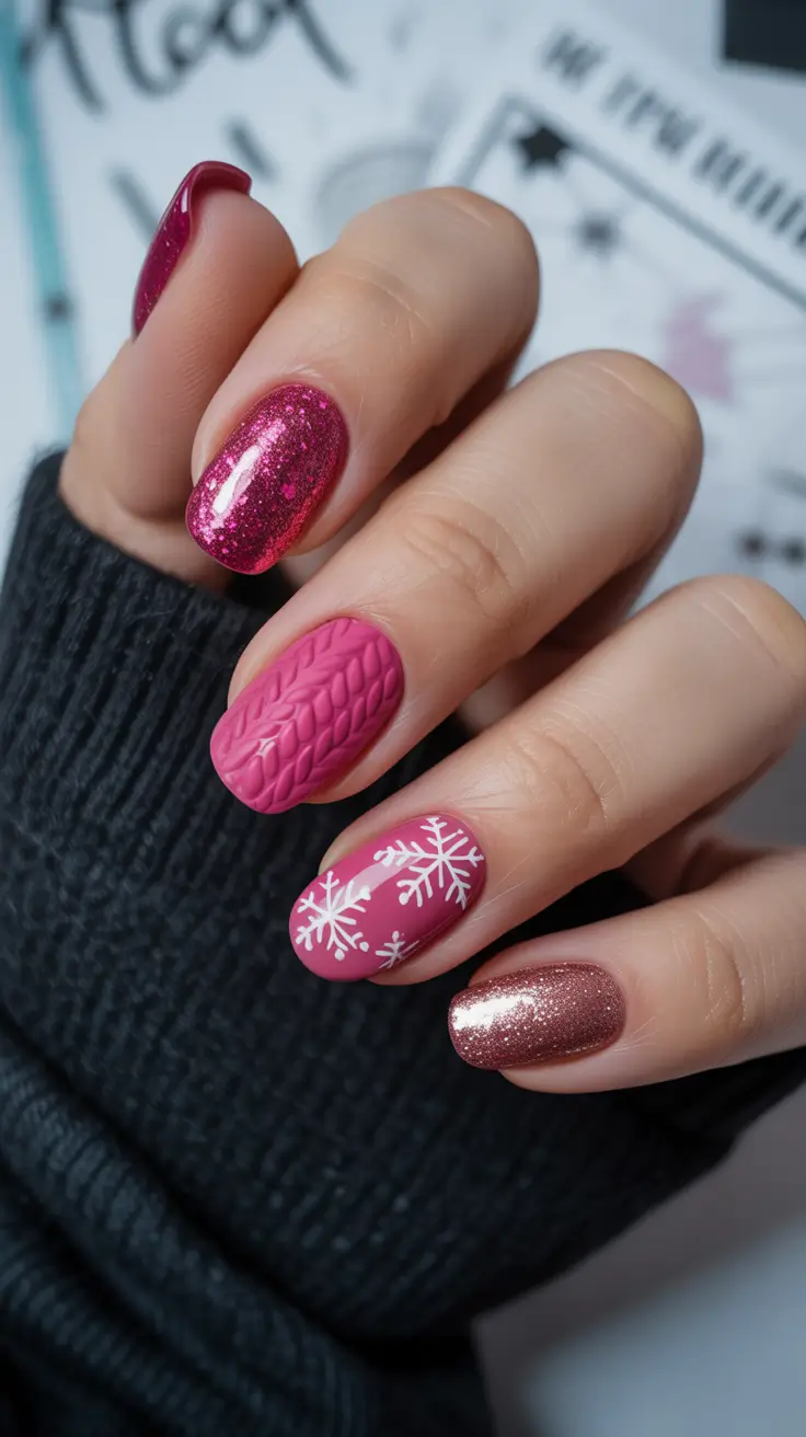 Fresh Christmas Nails 2025 Rosy Knit and Glitter Snow