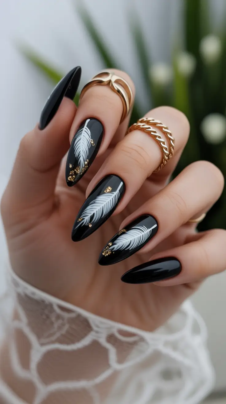 Fresh Christmas Nails 2025 Golden Feather Noir