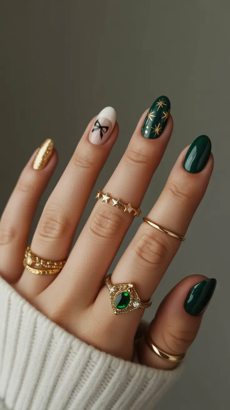 Fresh Christmas Nails 2025 Golden Stars and Green Velvet Nights