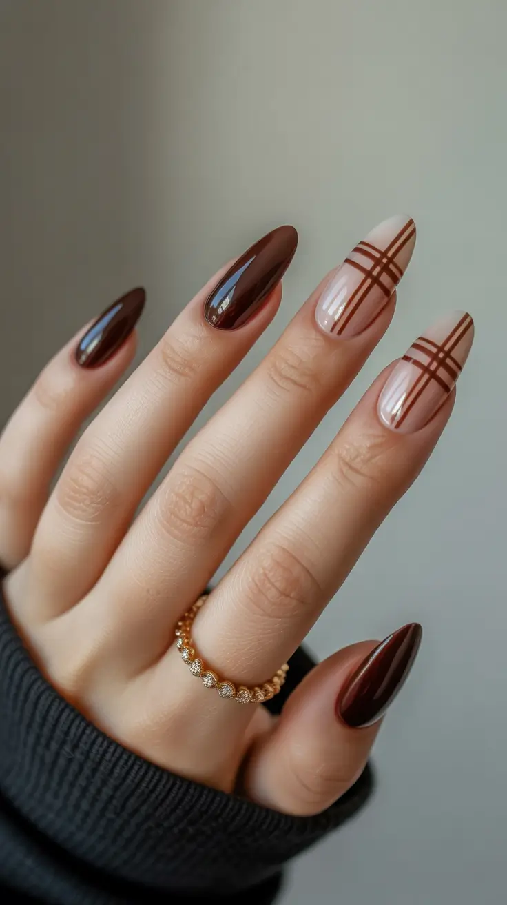 Gel Nail Trends Winter 2025-2026 Mocha Plaid Elegance