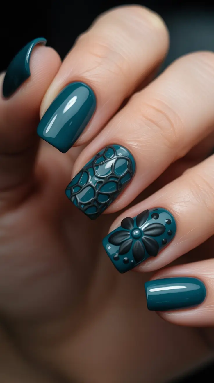 Gel Nail Trends Winter 2025-2026 Deep Teal Texture